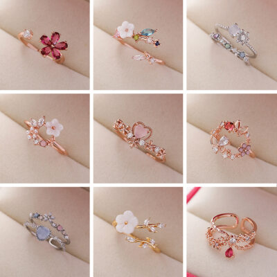 Nhẫn đính hoa zircon pha lê kim cương lấp lánh phổ biến của Nhật Bản và Hàn Quốc khảm vi mô ngọt ngào và linh hoạt hình bông hoa tình yêu mở đầu trang sức nhẫn
