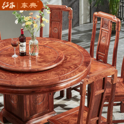 Bàn ghế ăn bằng gỗ gụ Dongdian kết hợp bàn tròn bằng gỗ hồng sắc hình con nhím bàn tròn bằng gỗ cẩm lai phong cách Trung Quốc bàn ăn tròn bằng gỗ nguyên khối nội thất nhà hàng