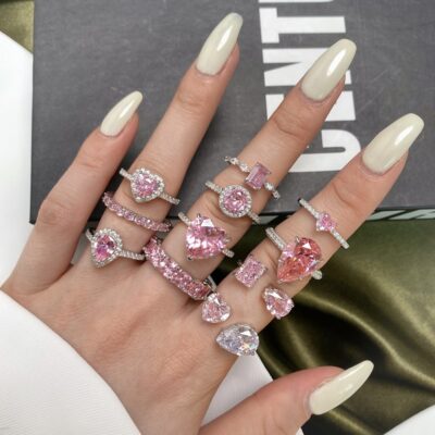 s925 sterling silver nhẫn nữ Đẹp sang trọng giọt nước thời trang kim cương dễ thương đào trái tim tính khí vuông kim cương màu hồng nhẫn kim cương carbon cao