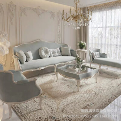 Phòng khách kiểu Pháp cung điện phong cách công chúa sofa ba người chạm khắc kiểu Mỹ ghế trường kỷ gỗ nguyên khối tân cổ điển kết hợp nội thất phong cách châu Âu