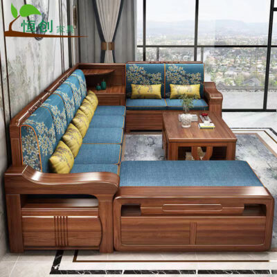 Sofa gỗ nguyên khối gỗ óc chó mới phong cách Trung Quốc đơn giản căn hộ nhỏ lưu trữ ghế dài mùa đông và mùa hè nội thất phòng khách có thể tháo rời và giặt được sử dụng kép