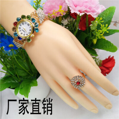 Âu Mỹ Mới Thời Trang Full Kim Cương Dây Thép Nữ Đồng Hồ Màu Dây Kim Cương Lịch Nữ Đồng Hồ Thạch Anh Vòng Tay Bộ