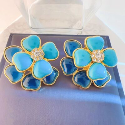 Hoa tai hoa hai lớp màu xanh thời trung cổ Âu Mỹ Hoa tai cánh hoa hai lớp khí chất cổ điển Hoa tai ba chiều