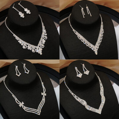 Kim Tây Trang Sức Áo Cưới Cô Dâu Vòng Cổ Bộ Bông Tai Đơn Giản Full Kim Cương Siêu Đá Vòng Cổ Trang Sức Phụ Kiện