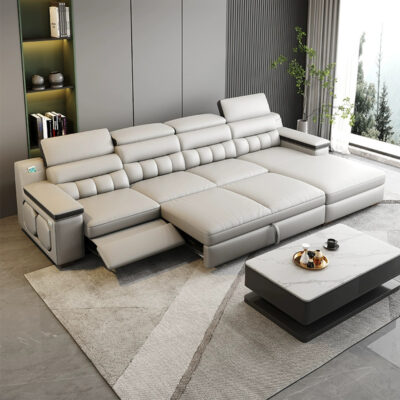 Ghế sofa da đa năng có thể thu vào giường sofa da hạng nhất có thể điều chỉnh kích thước phòng khách hiện đại