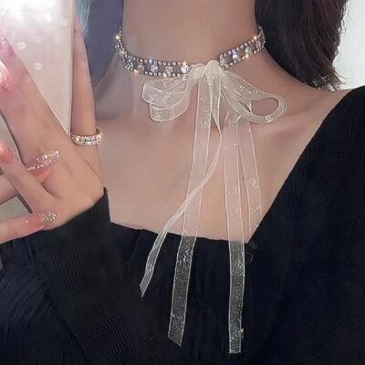Siêu Cổ Tích Tinh Tế Vòng Cổ Phối Lưới Nữ Thắt Nơ Bện Tóc Vòng Cổ Đôi Cao Cấp