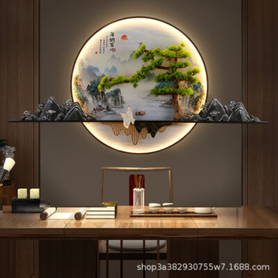 2023 Mới phong cách Trung Hoa Zen bức tranh tường đèn chào đón cây thông nhập tranh phong cảnh đèn nền phòng trà tranh trang trí tường đèn đèn tường