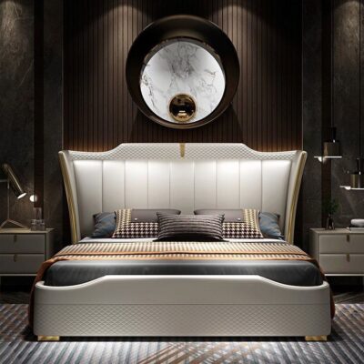 Giường da sang trọng ánh sáng hậu hiện đại Phòng ngủ chính sang trọng Giường đôi đơn giản 1,8 mét Giường cưới lưới đỏ mạ vàng cao cấp kiểu Bắc Âu