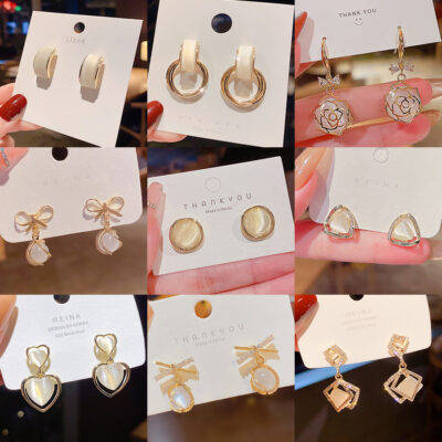 Bông tai bạc s925 kim opal nữ tính hình học tình yêu bông tai cảm giác cao cấp ins bông tai phong cách Hàn Quốc bán buôn