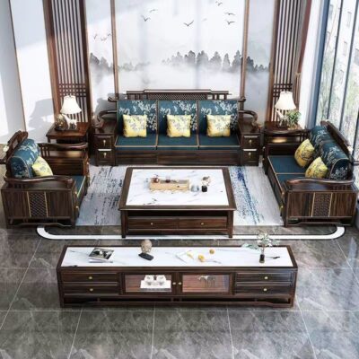 Phong cách Trung Quốc mới gỗ mun gỗ mun sofa gỗ nguyên khối kết hợp phòng khách không khí mùa đông và mùa hè lưu trữ kép trọn bộ đồ nội thất