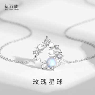 Douyin Sống Bạc Hoa Hồng Hành Tinh Vòng Cổ Nữ Ban Đầu Thiết Kế Hốc Lưới Màu Đỏ Phong Cách Chuỗi Xương Đòn Mặt Dây Chuyền Đá Mặt Trăng