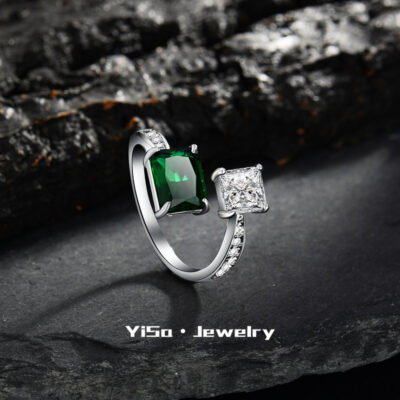 Đẹp xuyên biên giới sang trọng mới vi dát ngọc lục bảo vuông nhẫn nữ mở hình tròn nhẫn kim cương vuông cao cấp