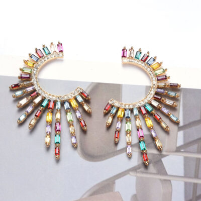 Thời trang Âu Mỹ cá tính hình học hình bán nguyệt hợp kim đính kim cương giả bông tai kim cương đầy đủ bông tai nữ phong cách dân tộc Bohemian