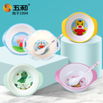 Wuhe melamine bộ đồ ăn trẻ em cho bé bát ăn trẻ em hai tai dễ thương cho bé bát ăn bổ sung chống bỏng và chống rơi bán buôn