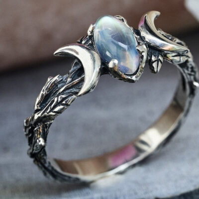 Chúc Mới Trang Sức Âu Mỹ Đơn Giản Retro Bohemia Lưỡi Liềm Đá Mặt Trăng Nữ Nhẫn Đính Hôn