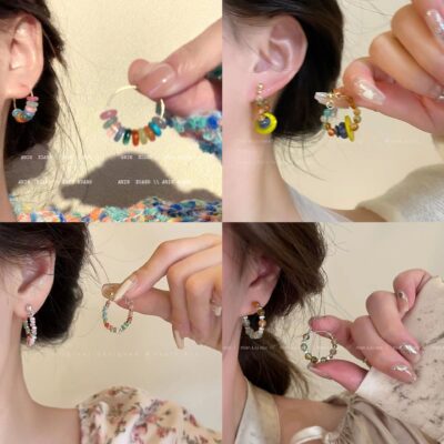 Với cầu vồng ~ bông tai đính đá tự nhiên nhiều màu sắc 2023 bông tai ins phong cách mới cực hot bông tai nữ đa năng