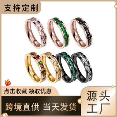 Amazon zircon một hàng kim cương nữ trang sức siêu sao vuông nhẫn kim cương màu sắc thời trang kim cương vòng thép titan