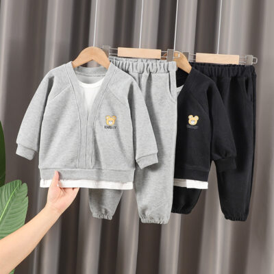 Bộ đồ hai mảnh mùa xuân và mùa thu cho bé áo len dài tay hình gấu áo thun trẻ em phiên bản Hàn Quốc Bộ đồ thể thao và giải trí cho bé trai bán buôn