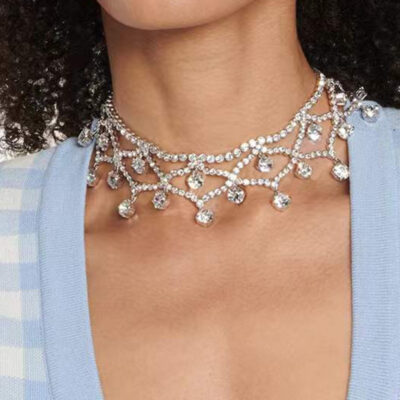 Bán hàng trực tiếp tại nhà máy ở Châu Âu và Hoa Kỳ mới, thiết kế phóng đại chuỗi móng vuốt rhinestone lưới siêu vòng cổ kim cương phụ kiện tiệc nữ