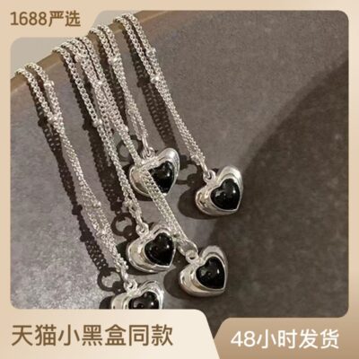 Chất liệu bạc 925 tình yêu vòng cổ mã não đen dễ thương ngọt ngào nữ tính trái tim tính khí xương quai xanh dây chuyền sản phẩm mới 2023 1174G