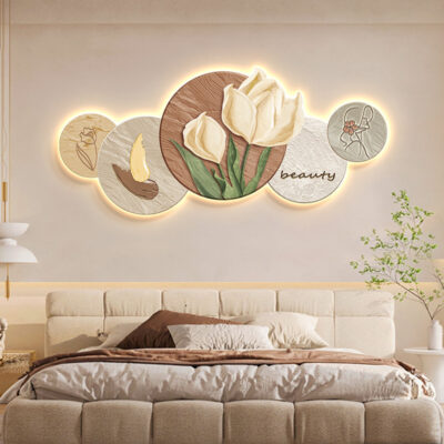 Phong cách kem trang trí phòng khách tranh Bắc Âu ấm áp hoa tulip đèn LED tranh hiện đại phòng ngủ tối giản tranh đầu giường