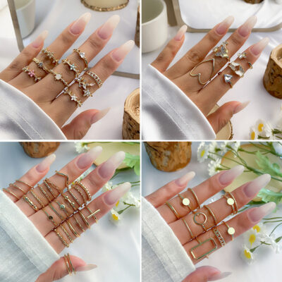 Âu Mỹ Xuyên Biên Giới Trang Sức Thích Hợp Hình Học Khớp Bộ Nhẫn Xếp Chồng Lên Nhau Nhẫn Ngón Tay Nhẫn Kim Cương Giả Vòng