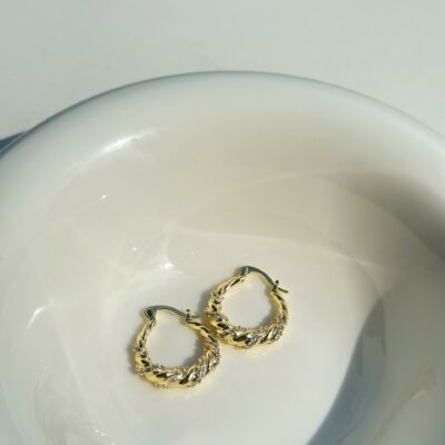 Vàng thật 14K mạ đồng ~ bông tai hình tròn đơn giản và thích hợp xoắn xoắn vi khảm zircon bông tai bông tai ánh sáng sang trọng cho phụ nữ