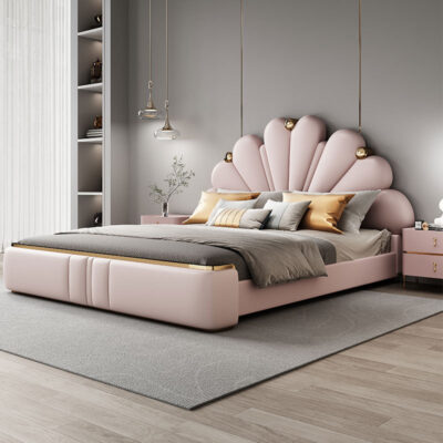 Giường sang trọng nhẹ nhàng kiểu Pháp Giường cánh hoa giường đôi hiện đại tối giản bằng gỗ nguyên khối Phòng ngủ chính giường cỡ Queen Giường cưới Giường da tối giản kiểu Ý