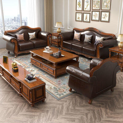 Nước Mỹ retro gỗ nguyên khối sofa da lớp đầu sofa da bò kết hợp đơn giản và đẹp phong cách mục vụ sofa phòng khách