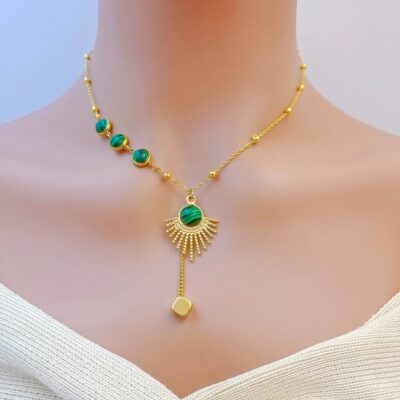 Retro Hình Quạt Tua Rua Vuông Xương Đòn Dây Chuyền Quà Tặng Cho Mẹ Màu Xanh Đậm Họa Tiết Malachite Titan Vòng Cổ Bán Buôn