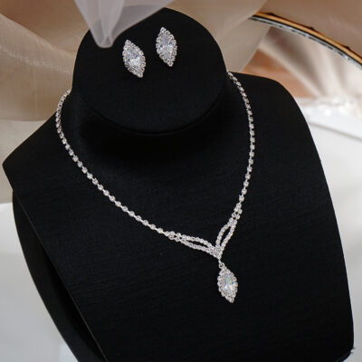 Bông tai vòng cổ tua rua đính đá zircon đơn giản và đa năng tinh tế hai mảnh phù hợp với phụ kiện váy cưới cô dâu
