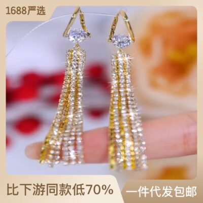 Ánh sáng sang trọng và cảm giác cao cấp bông tai dài tua rua kim cương thời trang khí quyển tai zircon khóa tính khí hoa tai mặt mỏng phóng đại