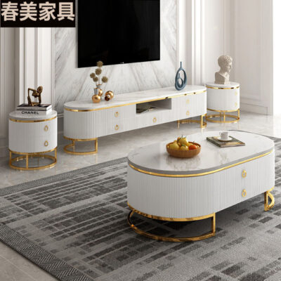 Ánh sáng sang trọng phiến đá tròn tủ TV kết hợp bàn cà phê phòng khách tối giản hiện đại tủ TV bằng đá cẩm thạch lớn và nhỏ