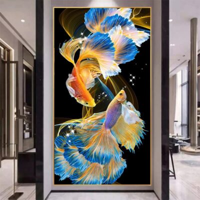 Tranh Gắn Đá Phòng Khách Phong Cách Mới Đôi Koi Hiên Dọc Phiên Bản Nề Thể Hiện Cá Chép Một Mảnh Dropshipping Bán Buôn