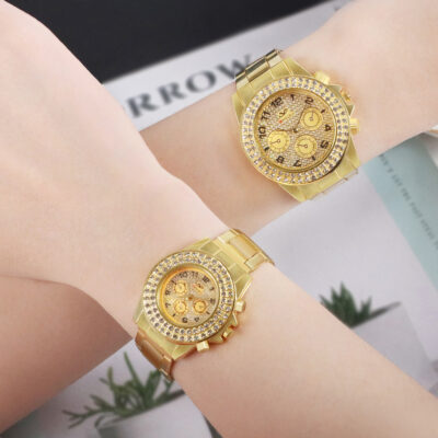 Đồng hồ cặp thời trang bán chạy xuyên biên giới nạm kim cương vàng nam nữ dây thép đồng hồ thạch anh một mảnh bán buôn 2829