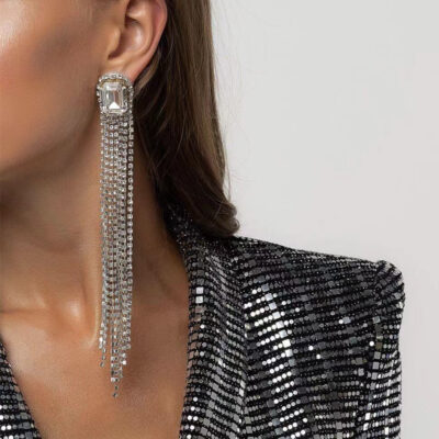 Châu Âu và Châu Mỹ xuyên biên giới siêu đèn flash móng chuỗi loạt hợp kim kim cương rhinestone tua bông tai hình học nữ thiết kế cảm giác ăn tối bông tai