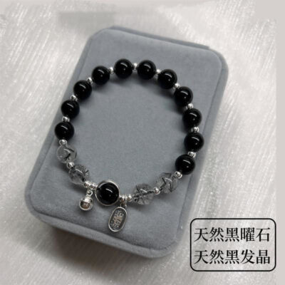 Mới obsidian tóc đen pha lê đàn hồi nữ vòng tay pha lê retro đơn giản màu trắng tặng không phai màu vòng tay