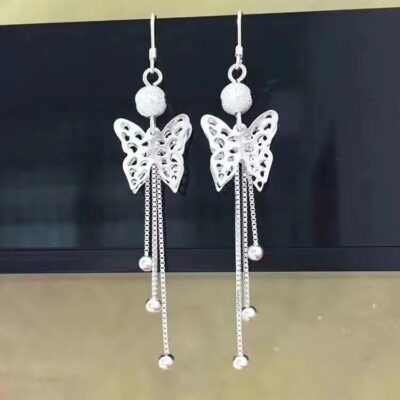 Bông tai hình con bướm ba chiều Bông tai tua rua Bông tai dài khí chất thời trang Bông tai bạc nguyên chất 990 không gây dị ứng Bông tai cá nhân