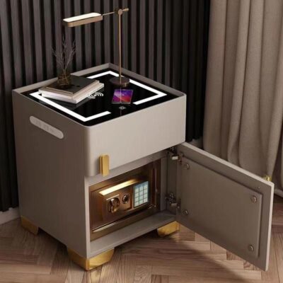 Bàn đầu giường thông minh bằng gỗ nguyên khối an toàn Tủ đầu giường đa năng có đèn sạc không dây két sắt ngăn kéo sang trọng