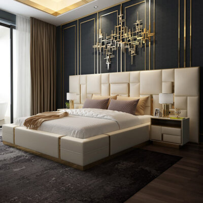 Giường da sang trọng nhẹ nhàng kiểu Mỹ tối giản hậu hiện đại Giường đôi cỡ King bằng da Ý nghệ thuật Giường cưới Bắc Âu Phòng ngủ chính Giường mềm