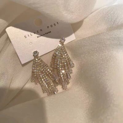 925 kim bạc Hàn Quốc Dongdaemun rhinestone super flash bông tai tua rua ánh sáng sang trọng cao cấp bông tai zircon bông tai bông tai ăn mặc phụ kiện
