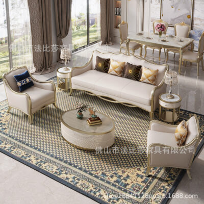 Mỹ nhẹ sang trọng da chắc chắn sofa gỗ kết hợp phòng khách đơn giản Châu Âu hoàn chỉnh Châu Âu căn hộ nhỏ màu vàng sâm panh