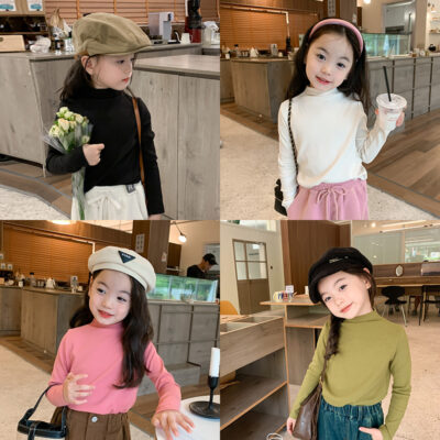 Amo Beibei 2023 Mùa Thu Trẻ Em phiên bản Hàn Quốc của áo sơ mi cổ giữa bé gái mặc áo cổ cao nửa cổ màu trơn quần áo trẻ em hợp thời trang