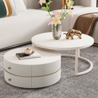 Tối giản màu trắng tinh khiết phiến đá bàn cà phê căn hộ nhỏ phòng khách nhà đơn giản hiện đại màu kem phong cách ánh sáng sang trọng lưới tròn bàn trà màu đỏ