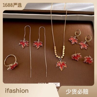 Vàng thật mạ điện bạc kim zircon bông tai lá phong đỏ Sen series thích hợp khí chất bông tai ánh sáng cao cấp bông tai sang trọng cho phụ nữ