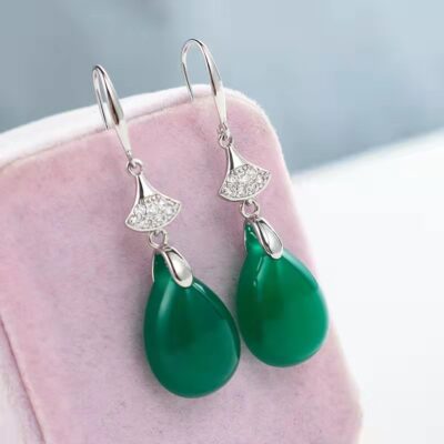 [Giả Chalcedony Mã Não Xanh] Bông Tai Dài Dát Zircon Bông Tai Nữ Retro Đá Quý Móc Tai Xu Hướng Thời Trang Bông Tai
