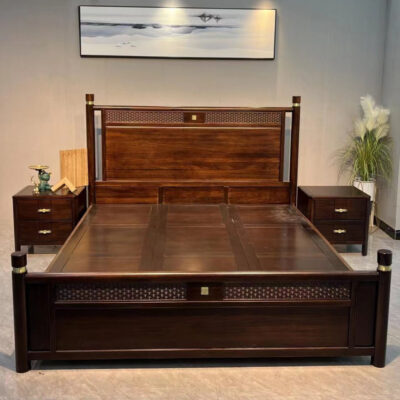 Phong cách Trung Quốc mới màu đen vàng gỗ giường gỗ nguyên khối hiện đại tối giản cao hộp lưu trữ đôi giường cưới nhà phòng ngủ nhẹ nội thất sang trọng