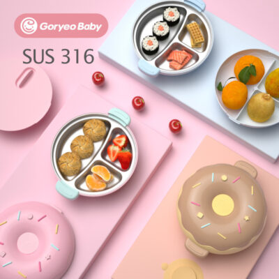 Goryeobaby trẻ em đĩa ăn tối bằng thép không gỉ bé cốc hút phun nước bát cách nhiệt bé tấm lưới thức ăn bổ sung bộ đồ ăn