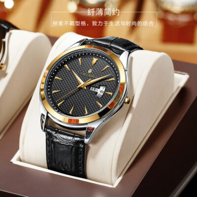 Các nhà sản xuất bán buôn thời trang đồng hồ nam da đơn giản đơn giản không thấm nước đồng hồ dạ quang lịch kép kinh doanh đồng hồ thạch anh