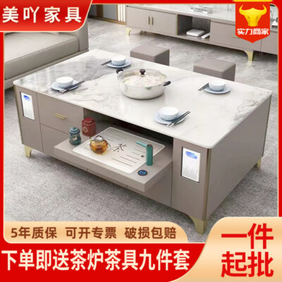 2023 phòng khách tích hợp phong cách mới với bếp từ đa chức năng Đẹp hiện đại sang trọng lưới màu đỏ sàn kung fu bàn cà phê bàn trà